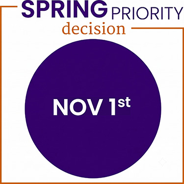 Graphic for Spring Priority Decision deadline featuring a dark purple circle displaying the date November 1st.