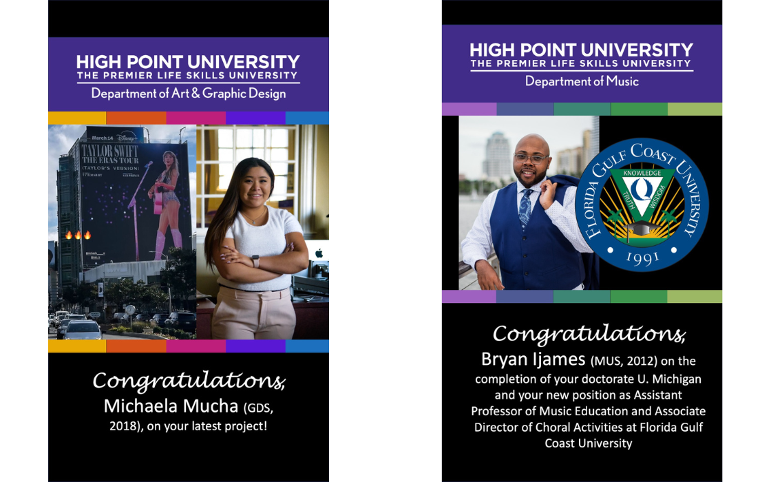 HPU Student Alumni Success michaela mucha department of art and graphic design congrats on your latest project and bryan Ijames department of music congrats on the completion of your doctorate U. Michigan and your new position as assistant professor of music edication and associate director of choral activities at florida gulf cost university