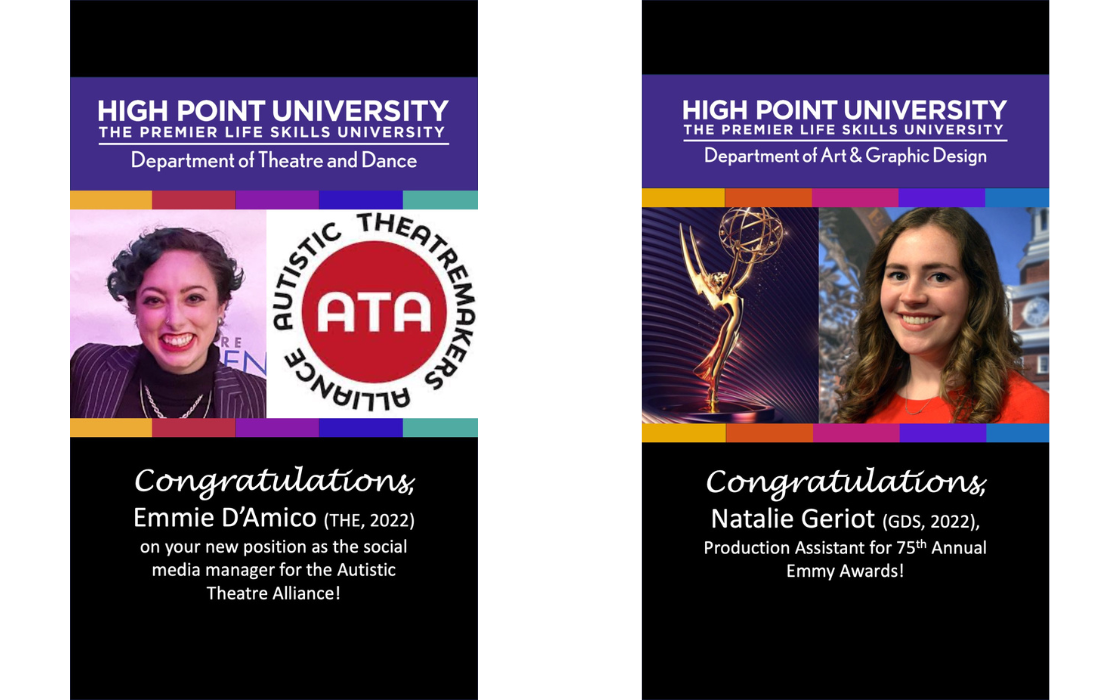HPU Student success emmie damico department of theatre and dance congrats on your new position as the social media manager for the autistic theatre alliance and natalie geriot department of art and graphic design congrats on being the production assistant for the 75th annual emmy awards