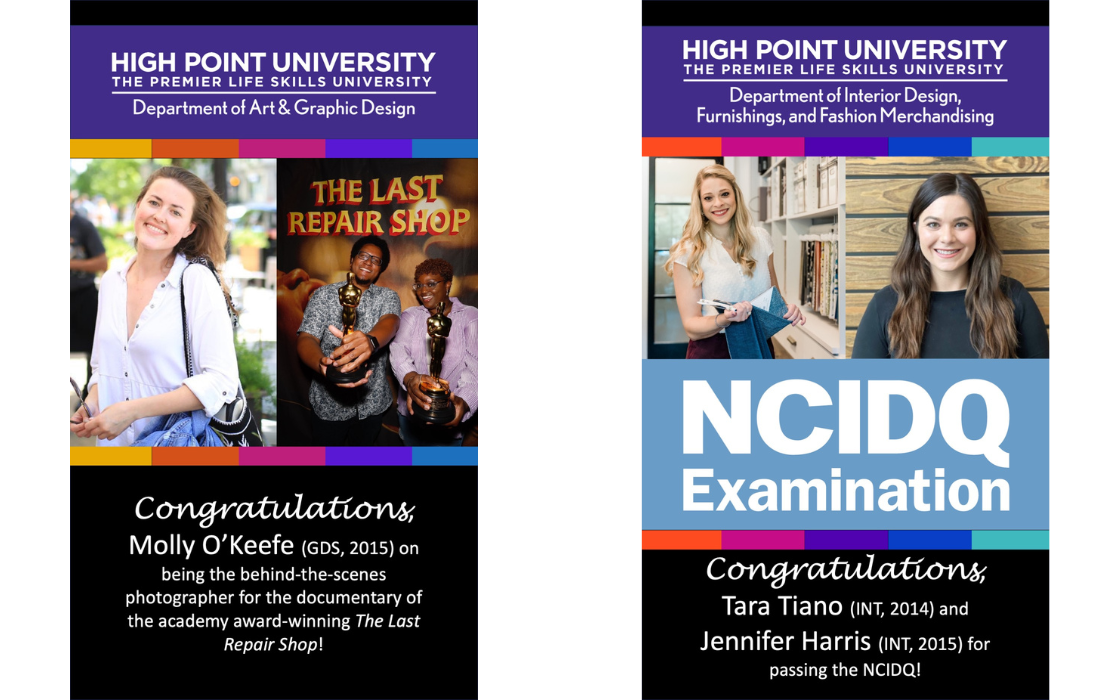 HPU students molly o keefe department of art and graphic design on being the behind-the-scenes photographer for the documentary of the academy award winning The Last Repair Shop and tara tiano and jennifer harris department of interior design, furnishings and fashion merchandising for passing the NCIDQ
