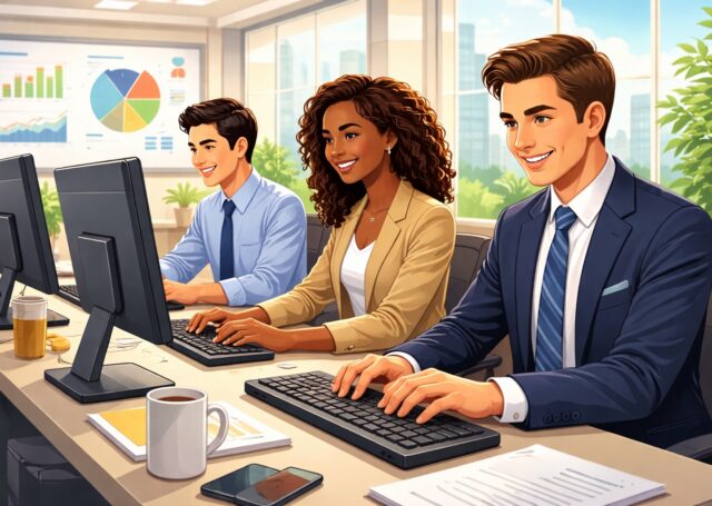 hpu students typing on computers at HPU illustration