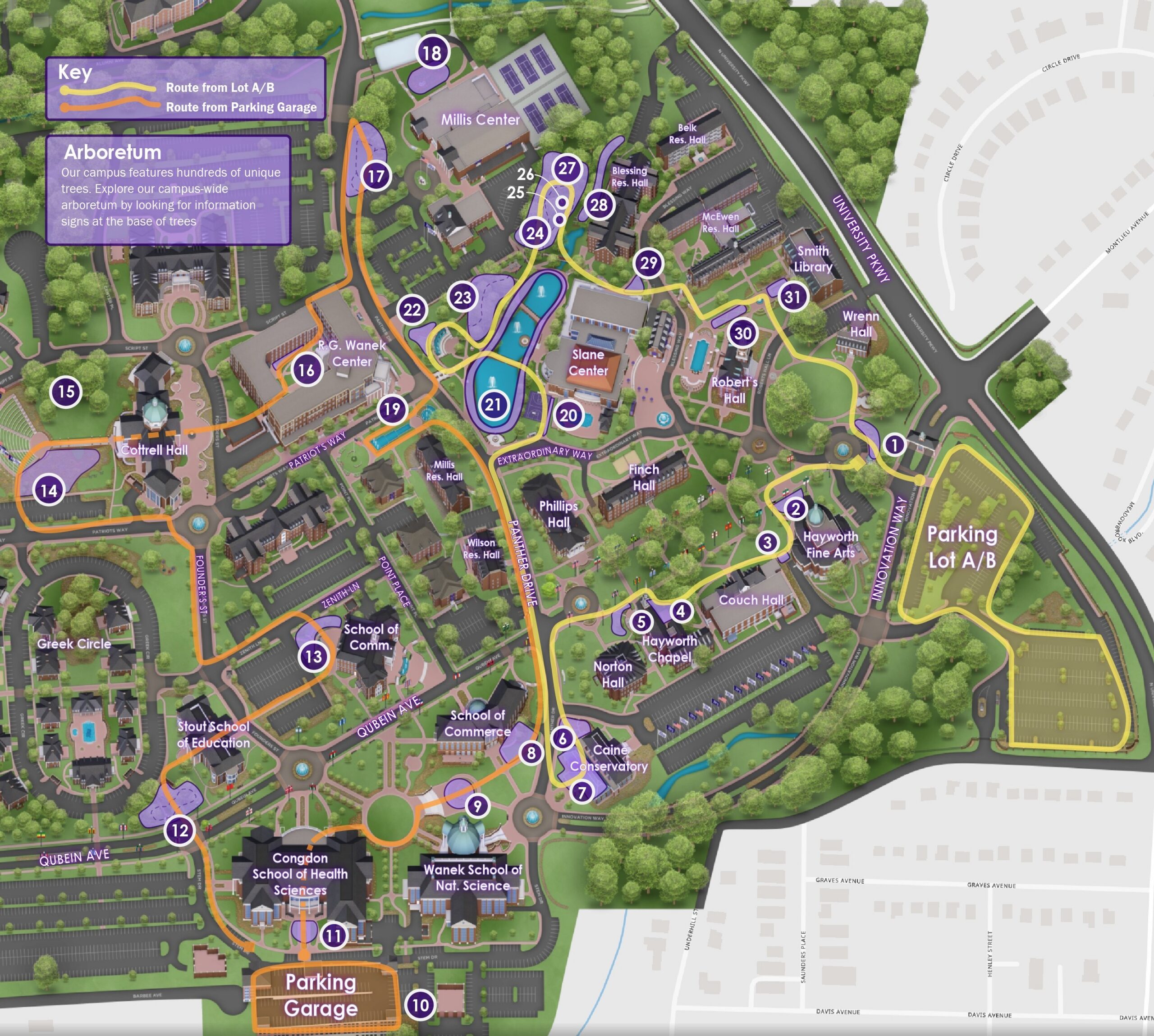 Gardens Map showing parking and recommended routes