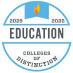 A badge celebrating High Point University as a College of Distinction in Education.