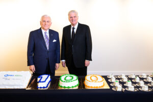 High Point University President Nido Qubein reached a TV milestone on Jan. 8 when he recorded the 100th episode of “Side by Side with Nido Qubein,” the weekly broadcast series that he hosts for PBS North Carolina. The Rev. Franklin Graham was his guest for the episode. Pictured from left are Qubein and Graham with a cake celebrating the 100th episode.