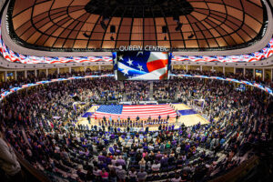 Students unfurled a giant U.S. flag as families sang The National Anthem at the start of the HPU men’s basketball game against UNC Asheville in the Nido and Mariana Qubein Arena on Feb. 8.