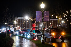 A line of vehicles passed one of 235 large nutcrackers on HPU’s campus during the Christmas Drive.