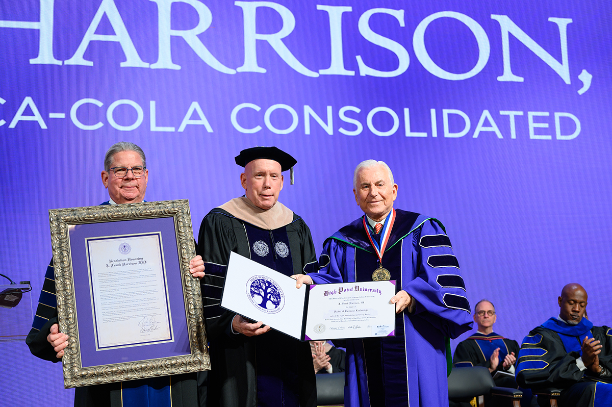 HPU Provost Dr. Daniel Erb, left, with Coca-Cola Consolidated CEO and Chairman J. Frank Harrison III, who received an honorary Doctor of Business Leadership degree from Qubein. Harrison served as the Commencement speaker.