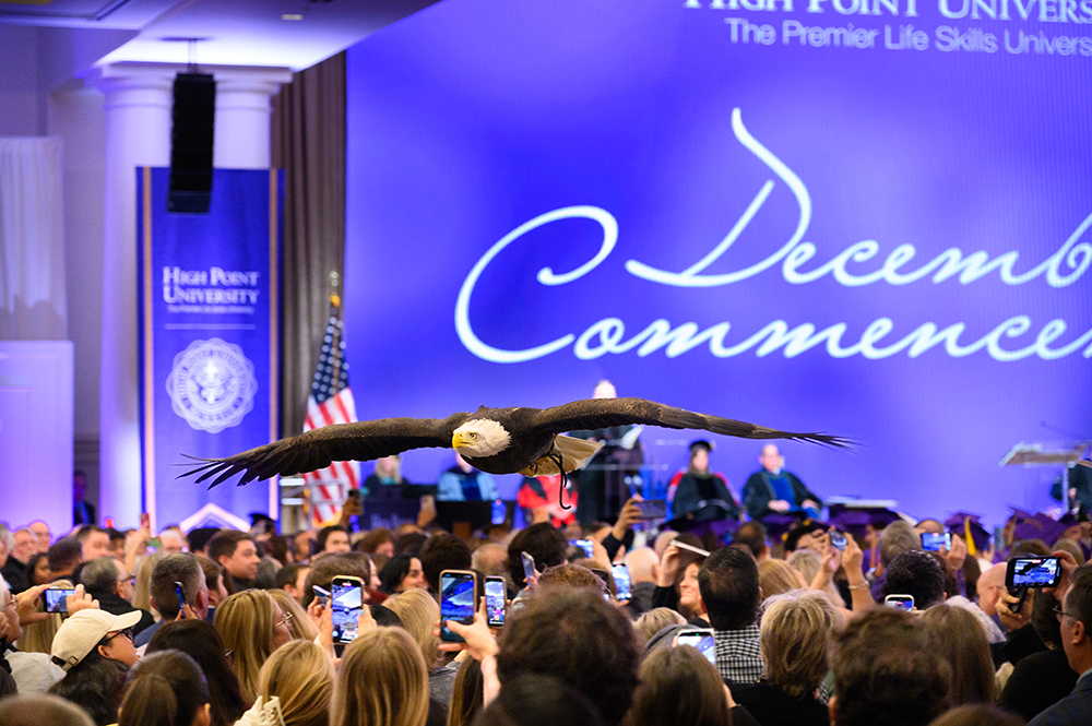 As is tradition at HPU’s graduation, a bald eagle named Clark soared over the graduates at the end of the ceremony symbolizing the ideals of free enterprise, independence and the ability to pursue new opportunities in America.