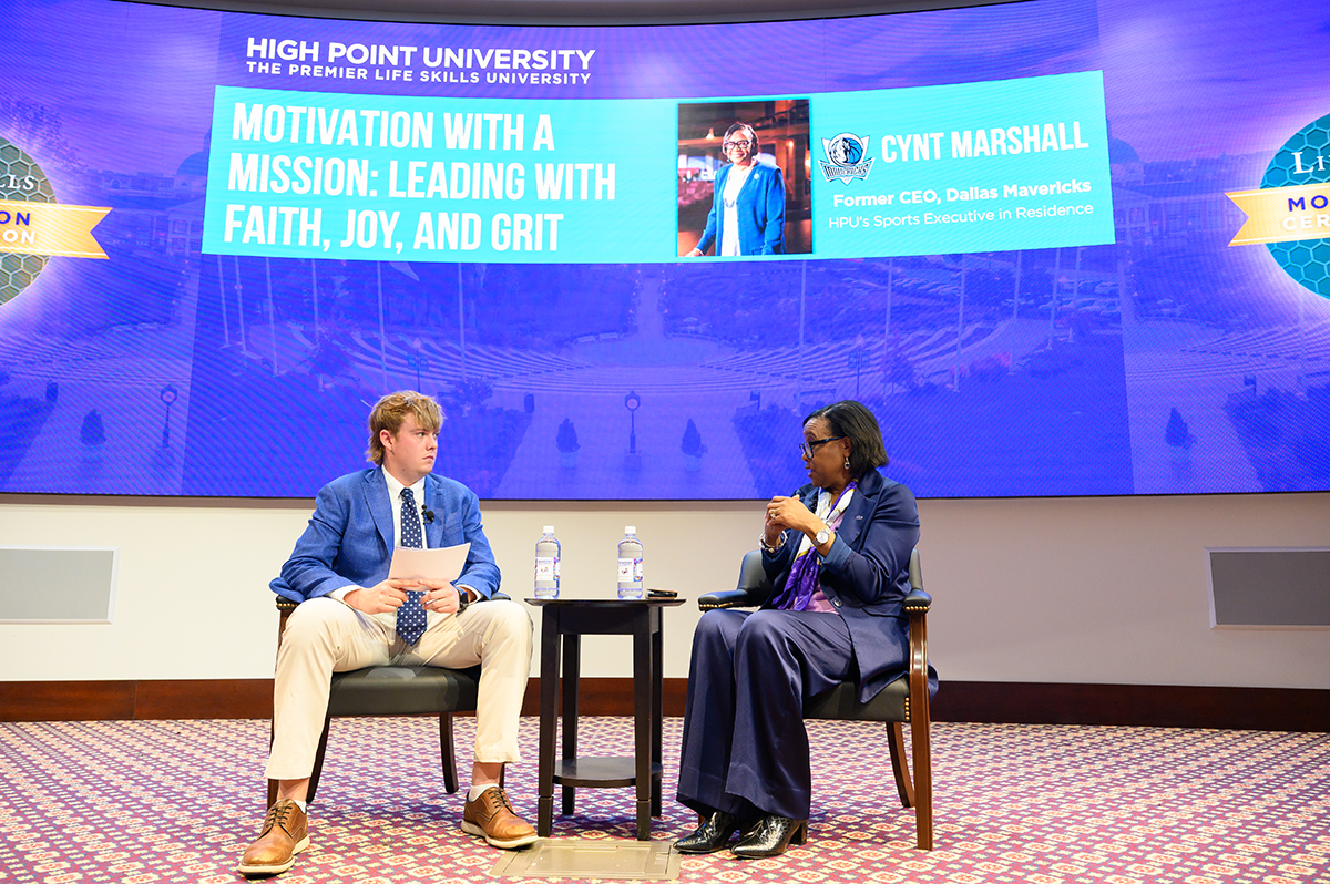 HPU student Brian Hanway, a sport management major, moderated a discussion with Marshall.