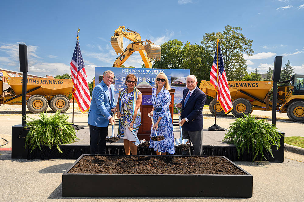 High Point University broke ground on the new John and Lorraine Charman Library, a $100 million library that will serve as the university’s main library when it opens in 2027, on Aug. 25. Pictured from left are John Charman, HPU First Lady Mariana Qubein, Lorraine Charman and HPU President Nido Qubein.