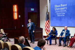 Martin spoke to students while retired U.S. Court of Appeals Judge Bernice Donald sat next to him and served on a law panel inside Congdon Hall’s Callicutt Life Skills Theater.