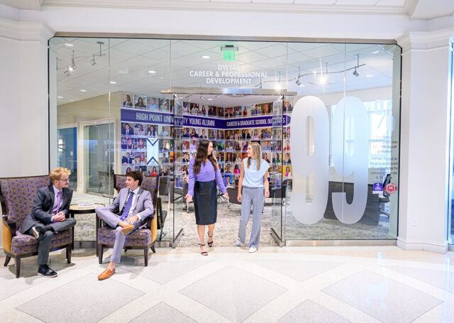 Data collected by High Point University in accordance with the National Association of Colleges and Employers standards shows an overall placement rate of 99% for all graduates in the Class of 2025. Pictured are students having conversations outside HPU’s Office of Career and Professional Development inside Cottrell Hall.