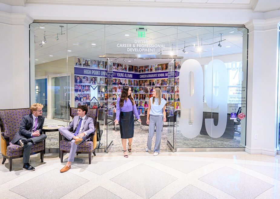 Data collected by High Point University in accordance with the National Association of Colleges and Employers standards shows an overall placement rate of 99% for all graduates in the Class of 2025. Pictured are students having conversations outside HPU’s Office of Career and Professional Development inside Cottrell Hall.