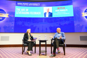 Randolph sat down and answered questions from Lou Anne Flanders-Stec, founding dean of HPU’s David S. Congdon School of Entrepreneurship, in the Callicutt Life Skills Theater on April 9, 2025.