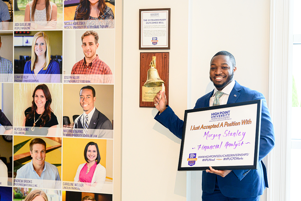 HPU was named #1 in the category on Earnings by Major, a new ranking factor used by the U.S. News & World Report measuring what graduates earn four years after leaving campus. Tomiwa Bello, who graduated from HPU in May with a bachelor’s degree in finance, rang the Extraordinary Outcomes Bell inside Cottrell Hall after accepting a position as a financial analyst with Morgan Stanley.