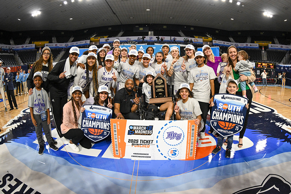 Members of the HPU women’s basketball team posed for a group photograph after earning the Big South championship with a 59-53 win over Longwood University on March 9.
