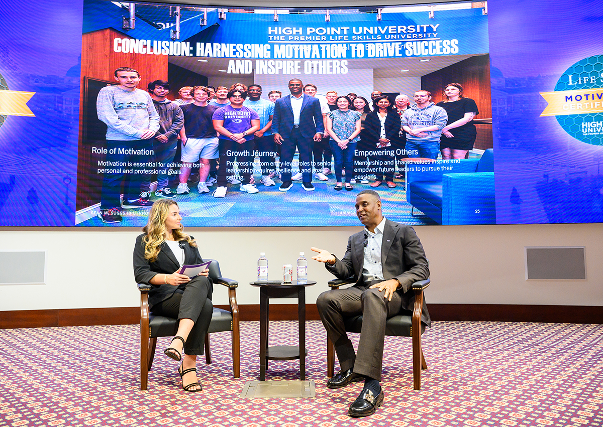 Suggs answered a student moderator’s questions as he led a Life Skills and Leadership Series session titled “Motivation in Motion from the Manufacturing Floor to the C-Suite” in the Callicutt Life Skills Theater.