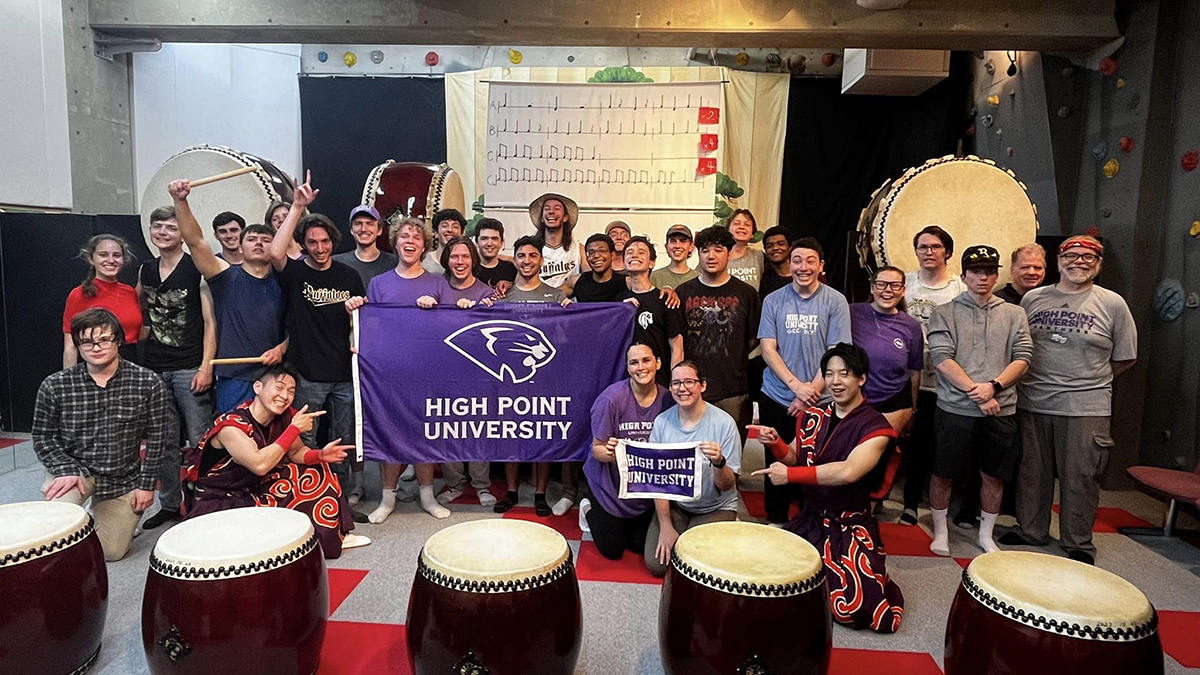 Students learned to play taiko, Japanese drums also known as wadaiko, during the Ganbatte! Media and Pop Culture Maymester in Japan.