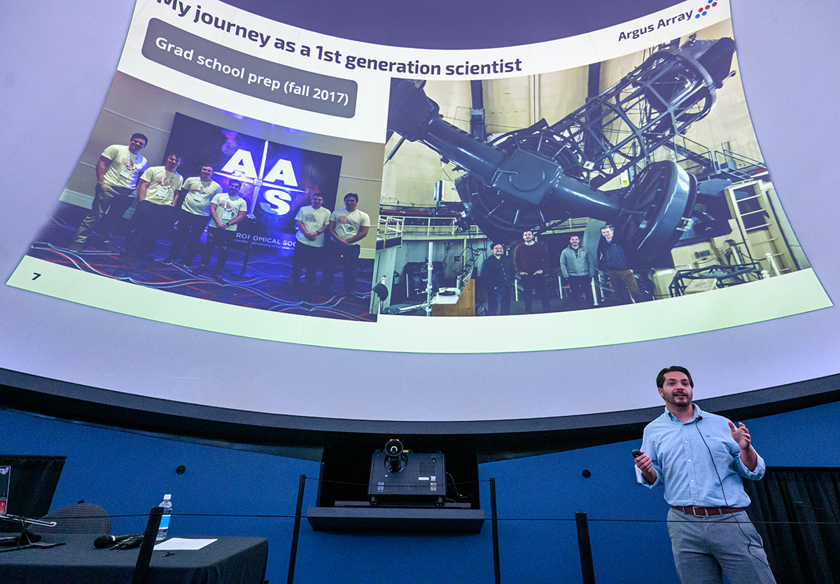 Dr. Alan Vasquez Soto, a Class of 2018 alumnus, presented his work as project manager and systems engineer for the $24 million Argus Array, an all-sky system that multiplexes 900 telescopes onto a single mount. 