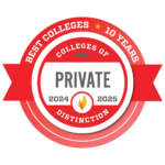 Badge shows Colleges of Distinction recognized High Point University among the nation's best private colleges for 10 years.