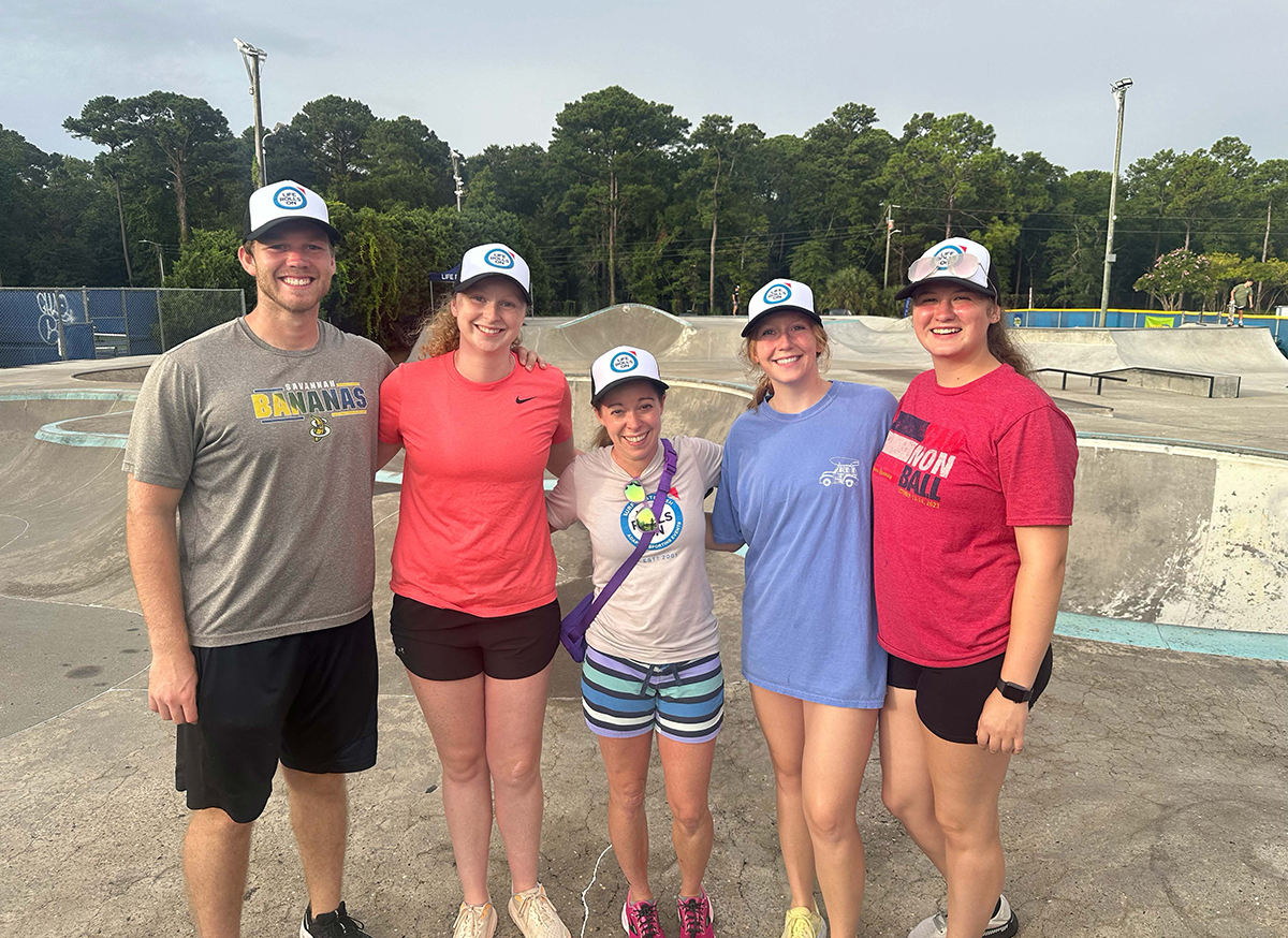 Pictured from left are physical therapy students Christian Harkey, Lexi Berry, Dr. Rebecca Medendorp, Lila Campbell and Sarah Tiller at the Life Rolls On/Ocean Cure Adaptive Surfing and Skating event.