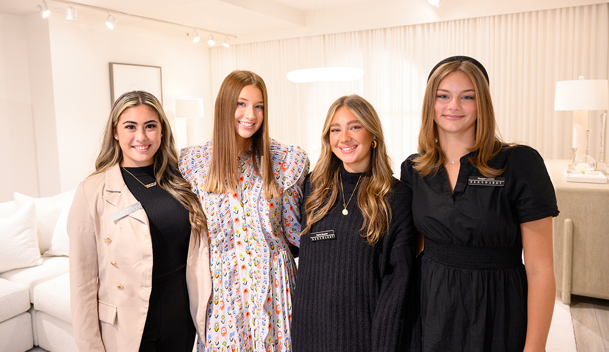 Pictured from left are HPU students who worked in the Bernhardt Furniture showroom, including Giana Marielli, a junior sport management major from New York, New York; Madeline Kline, a senior interior design major from Fort Myers, Florida; Sophia Boucher, a junior fashion merchandising major from Richmond, Virginia; and Raegan Lowder, a senior interior design major from Salisbury, North Carolina.