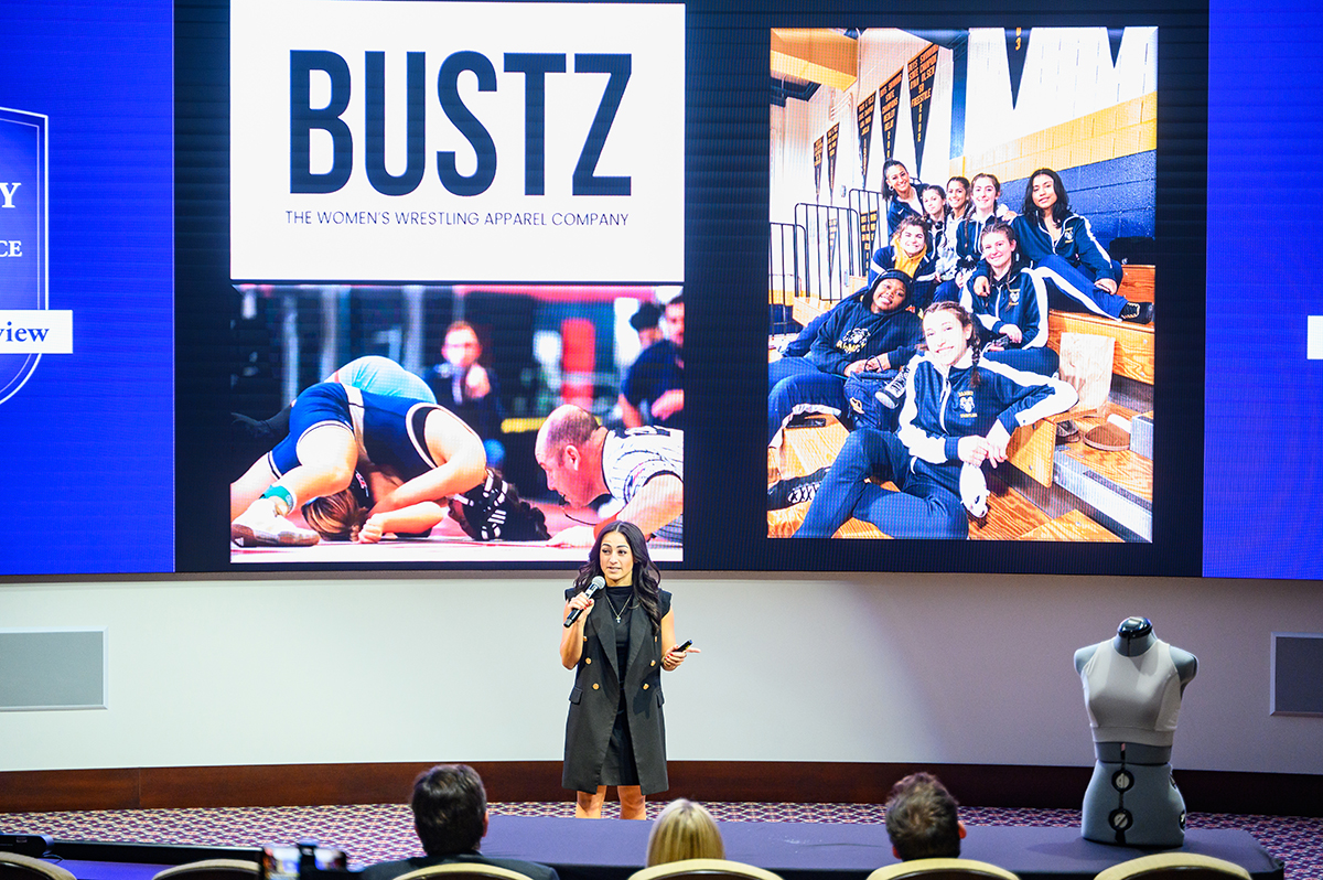 Reeve Fatuova, a junior entrepreneurship major, presented her business idea for BUSTZ, a quality sports bra for women wrestlers, which was awarded first place and received $10,000. 