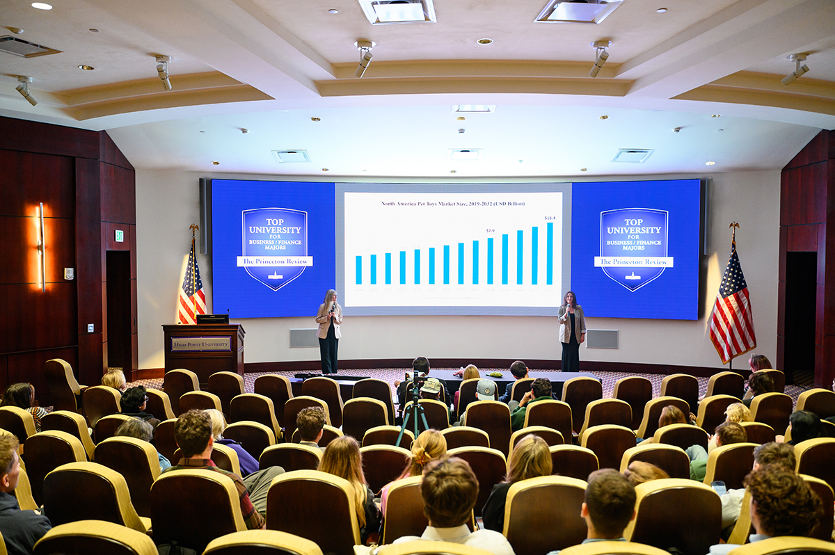 Paige Harms, left, and Jadelyn Coleman presented their business plan for Waggle, a digestible stuffing for dog chew toys.