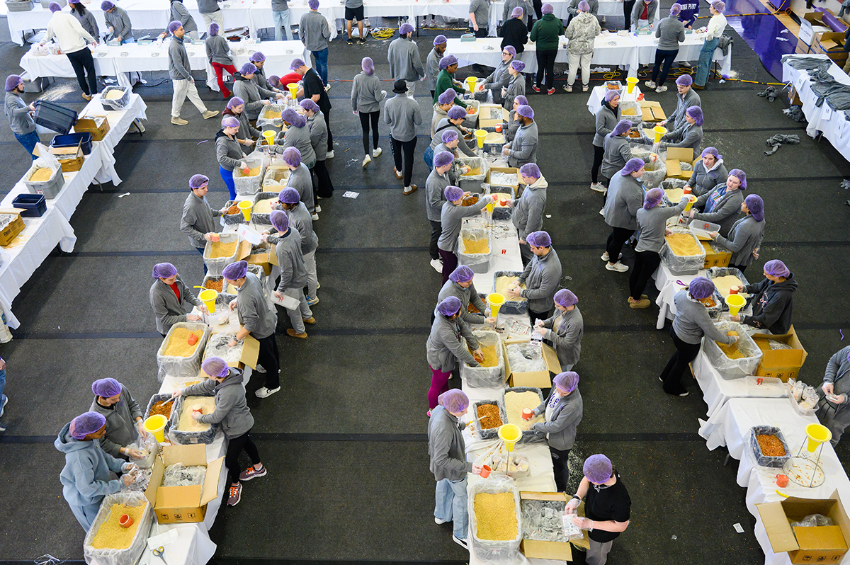 Nearly 500 students from across campus formed assembly lines inside the Slane Student Center as they packed 80,000 meals for people who are struggling with food insecurity.