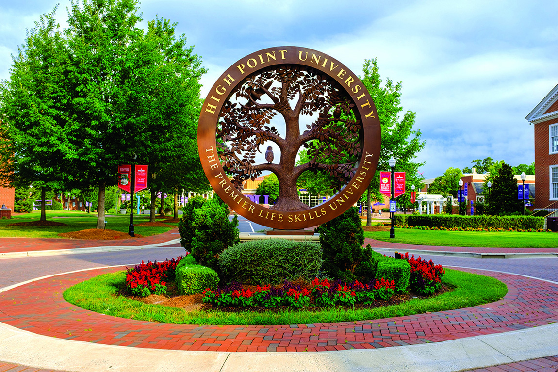 High Point University was recently recognized with the 2025 Tree Campus Higher Education Award, formerly known as Tree Campus USA. This is the 16th consecutive year the university has received this designation for its commitment to creating a healthy on-campus environment with natural beauty. Pictured is the tree sculpture located on campus near Roberts Hall.