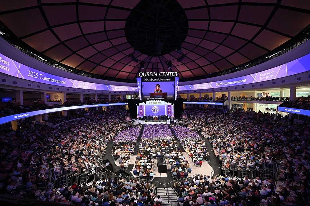 High Point University celebrated the Class of 2025 and honored those undergraduate students who crossed the stage during two Commencement ceremonies inside the Nido and Mariana Qubein Arena and Conference Center on May 3, 2025. Emmy Award-winning actress Jane Seymour served as the Commencement speaker.