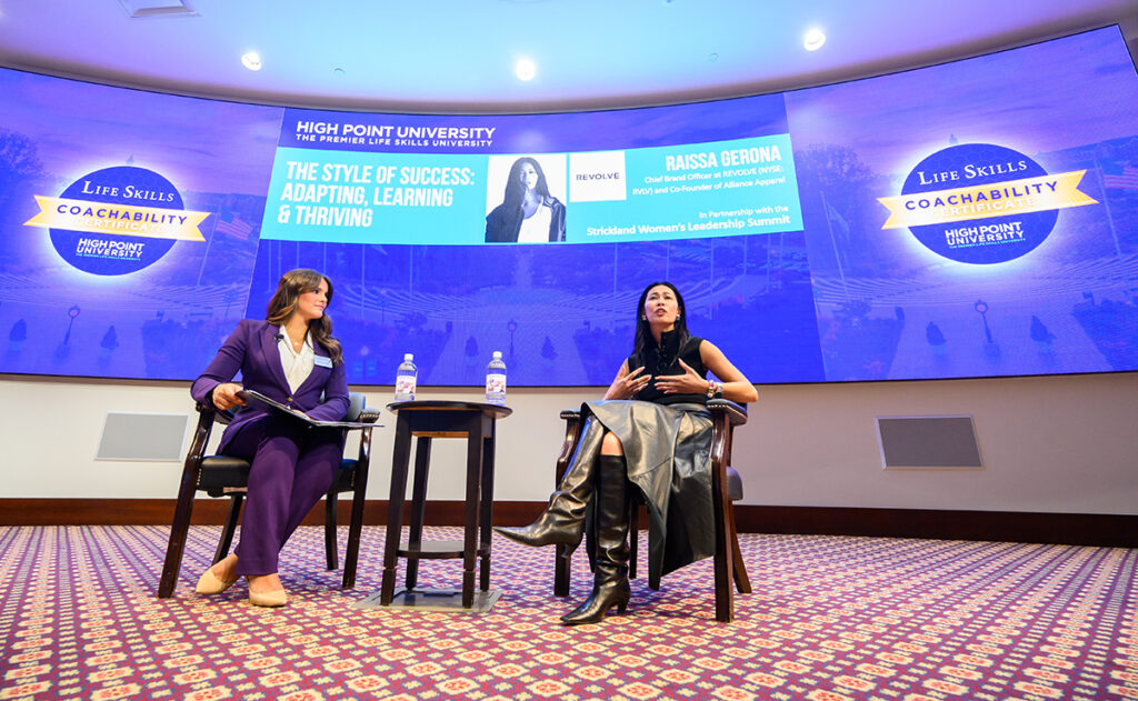 From left, Noelia Velazquez, a Class of 2028 LIFT scholar, moderated a Q&A with Raissa Gerona, chief brand officer at Revolve and co-founder of Alliance Apparel, who served as keynote speaker during the Strickland Women’s Leadership Summit.