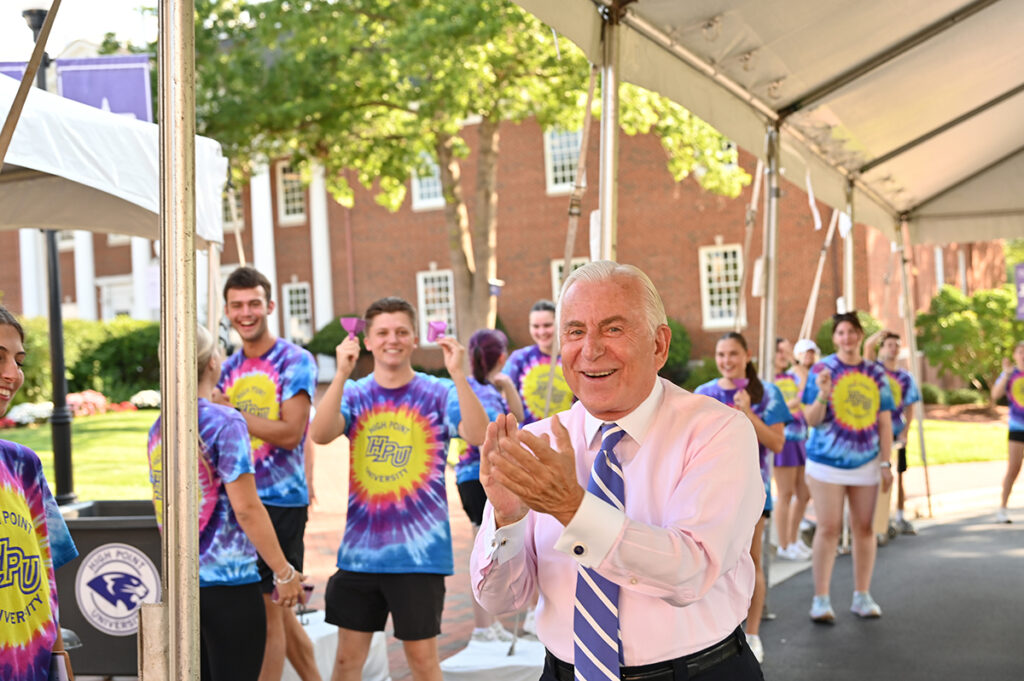 HPU President Nido Qubein cheered with upperclassmen who welcomed freshmen onto campus for the 2025-26 school year.
