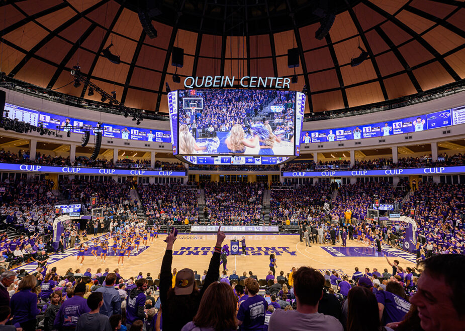 High Point University continues to be recognized for its commitment to innovation and student success, earning three #1 rankings in U.S. News & World Report’s 2026 Best Colleges edition. Pictured are students who packed the Nido and Mariana Qubein Center to cheer for a basketball game.
