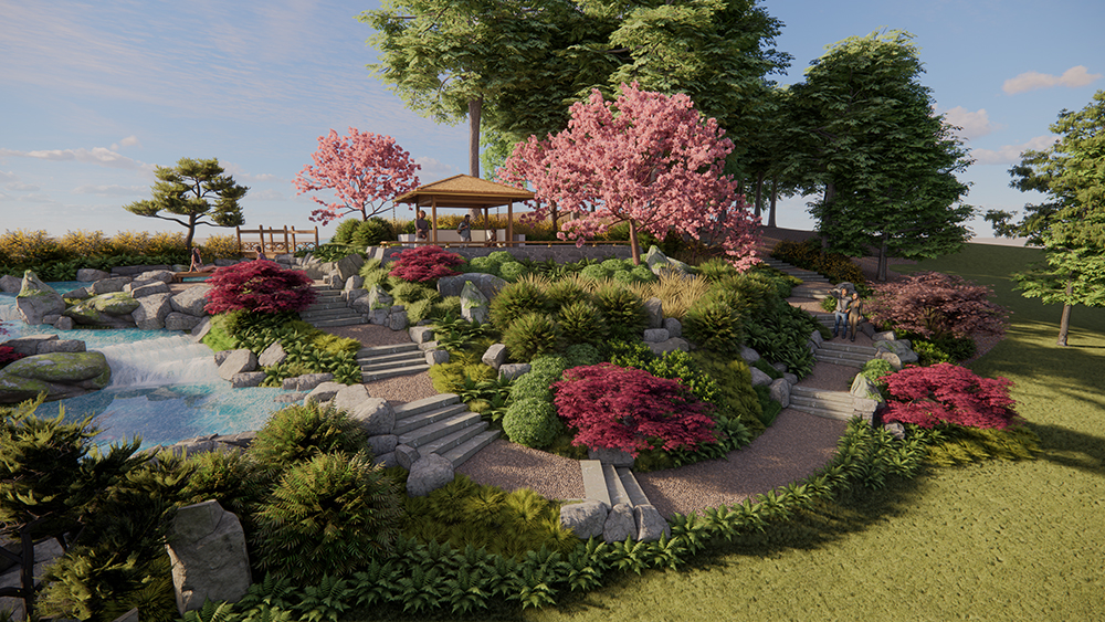 An artistic rendering of the Cottrell Japanese Garden.