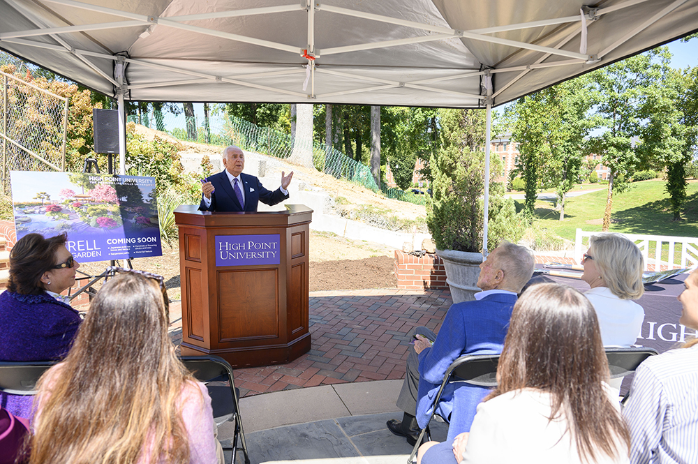 HPU President Nido Qubein addressed a small gathering of special guests at the ceremony for the new Japanese garden.