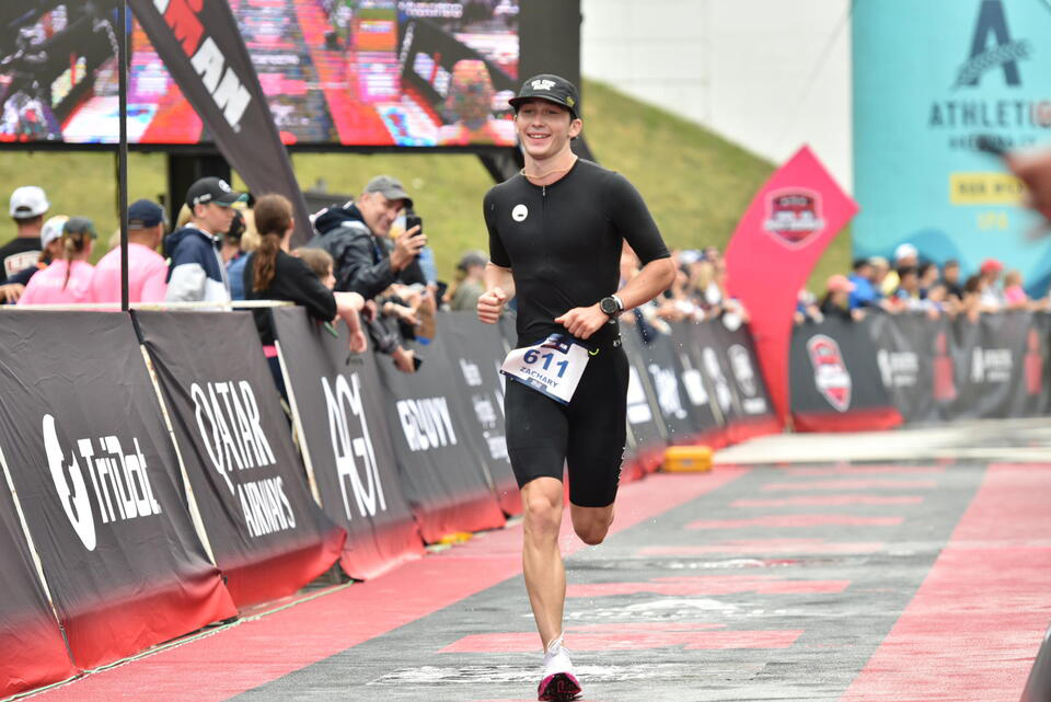 Zach Workman, a senior biochemistry major who plans to attend medical school, qualified to compete on Sept. 14 at the Ironman World Championships in Nice, France. He is pictured running at a qualifying race in Lake Placid, New York.