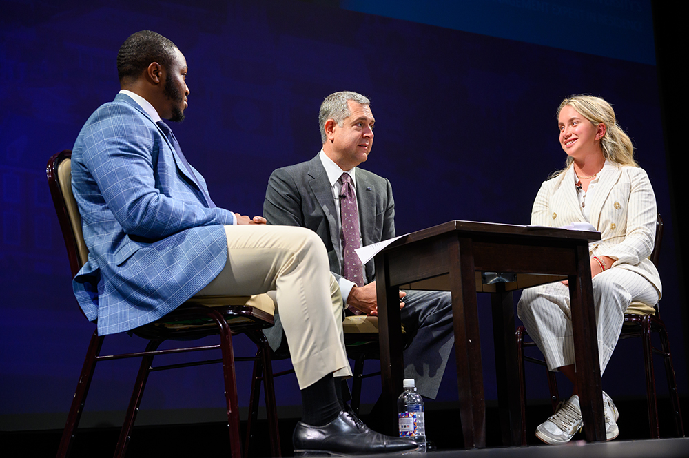 Pictured at left was Tomiwa Bello, a senior finance major who completed a summer internship with Morgan Stanley, Bradburn and his daughter, Blythe Marshall, a junior psychology major, as they sat on stage and took part in a Q&A session.