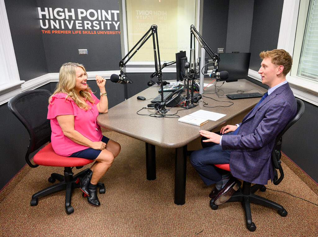 James smiled as she recorded a podcast with Alex Muravski, a sophomore business analytics major from Tulsa, Oklahoma.