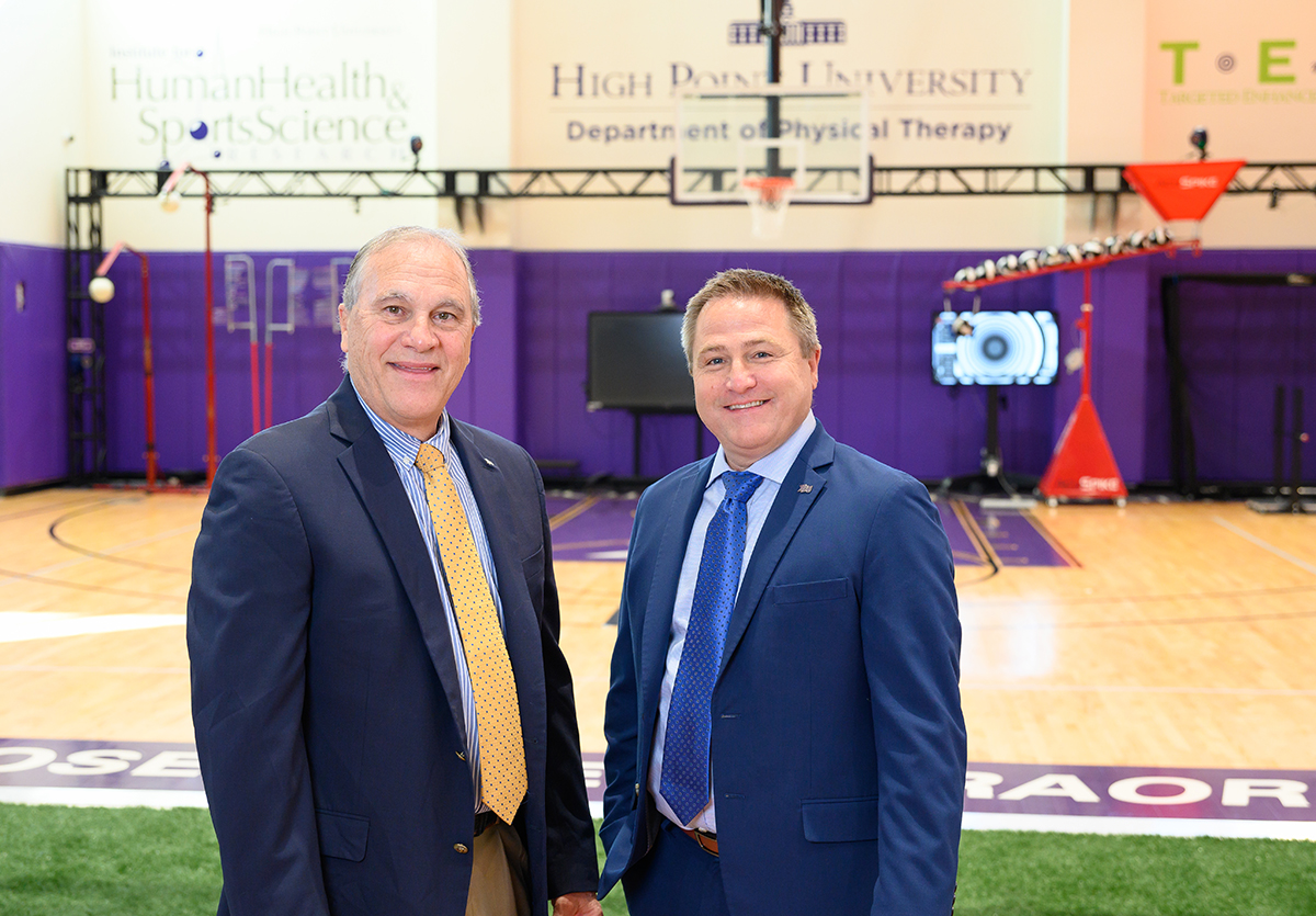 Two High Point University faculty members are included for a second consecutive year in Stanford University’s annual list of the Top 2% of scientists cited by other researchers around the world. Dr. David Sinacore, a physical therapist and professor of physical therapy, is pictured at left in the Human Biomechanics and Physiology Laboratory with Dr. Kevin Ford, dean of the Congdon School of Health Sciences and professor of physical therapy.