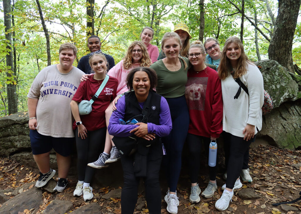 Pictured at front center on a hiking trail was Rev. Andria Williamson. Behind her from left were Meigs Roberts, Cate Dilday, Benjamin Carver, Sierra Nichols, Lauren Talley, Shelby Rosenhahn, Cassidy Brake, Haley Hedrick and Mia Spies.