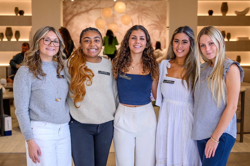 Pictured from left in the Bernhardt showroom lobby were Emily Womble, a junior event management and strategic communication major; Destiny Webster, a sophomore interior design major; Celia Caliri, a sophomore communications major; Giana Marielli, a senior sport management major; and Nikki Schreiber, a sophomore interior design major. 