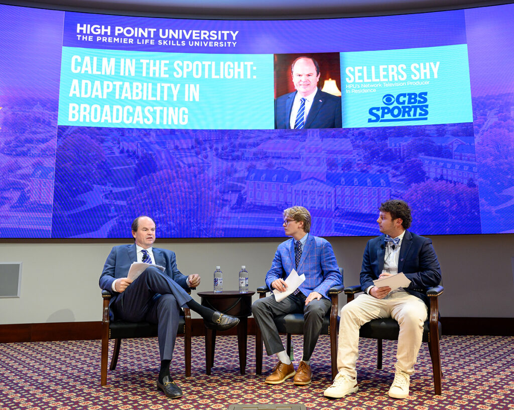Shy answered questions from sports media majors Jimmy Rosselli and Griffin Wright during a Q&A session titled “Calm in the Spotlight: Adaptability in Broadcasting” at the Callicutt Life Skills Theater.