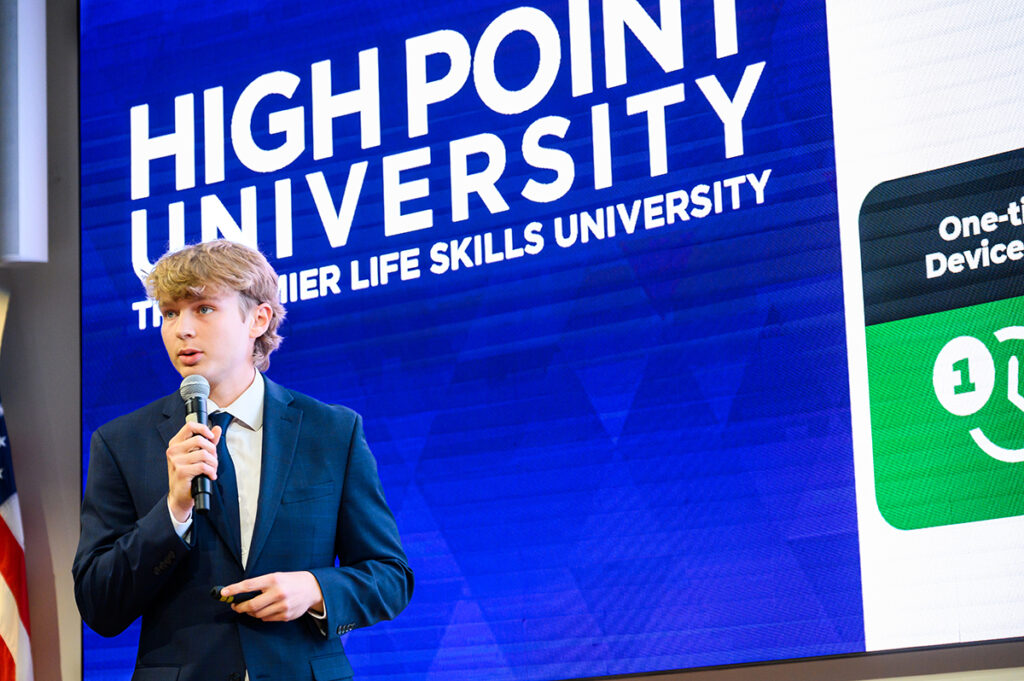 Wolford pitched his business plan for PlayFast, a small motion device attached to a lacrosse stick that can track the speed of shots and provide real-time feedback for players.