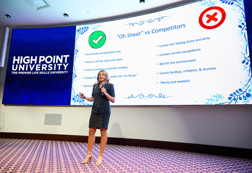 Eva Thorn, a junior finance major, pitched her business plan for a dry shampoo in sheet form that provides an instant hair refresh. 