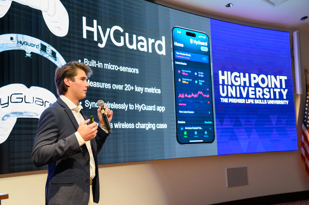 Liam Carney, a senior entrepreneurship major, pitched his business plan for HyGuard, a mouth guard with built-in microsensors that measure more than 20 key metrics for athletes.