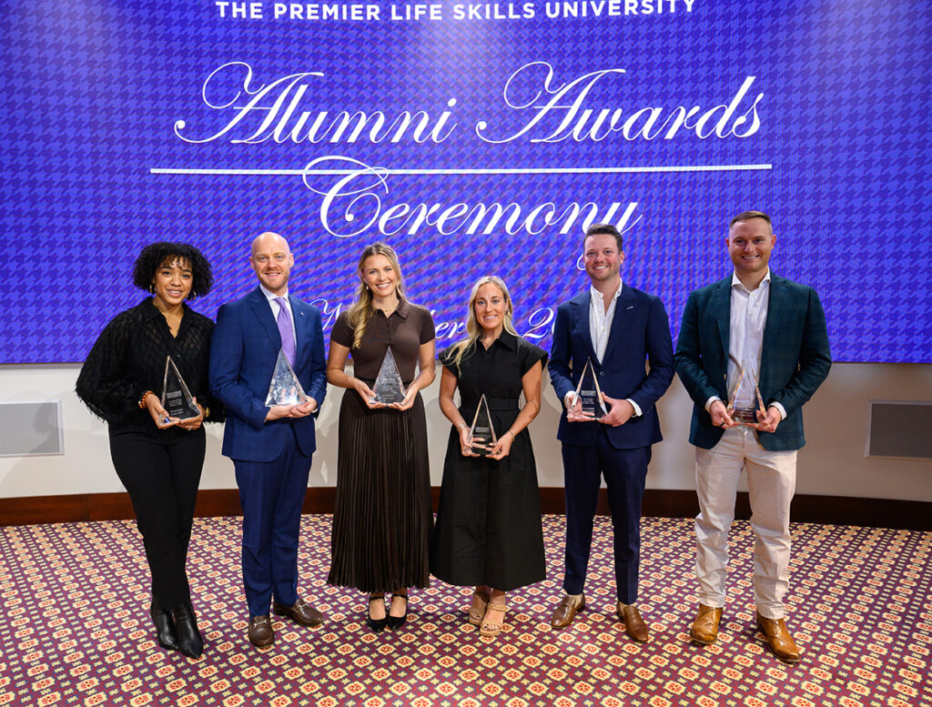 Distinguished Alumni Award winners, from left, Jacinda Ortiz, Will Tarrant, Caitie Walsh, Dr. Natalie Devine Wilson, Jack Elliott and Alex Budd.