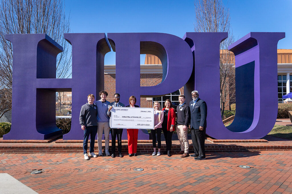 HPU’s donation of $300,000 to the United Way of Greater High Point includes a $20,000 gift from the university’s Student Government Association (SGA) and an additional $5,000 from its Graduate Student Government Association (GSGA). Pictured from left are SGA Treasurer Brady Durkin, SGA Vice President Evan Leszczynski, SGA President Quadir Phillip, United Way of Greater High Point President Jane Liebscher, GSGA Treasurer Claire Kincer, Sara Fowler as the United Way of Greater High Point’s director of workplace and annual giving, GSGA Vice President Cosmo Esposito and Joe Barnes, the United Way of Greater High Point’s vice president of resource development.