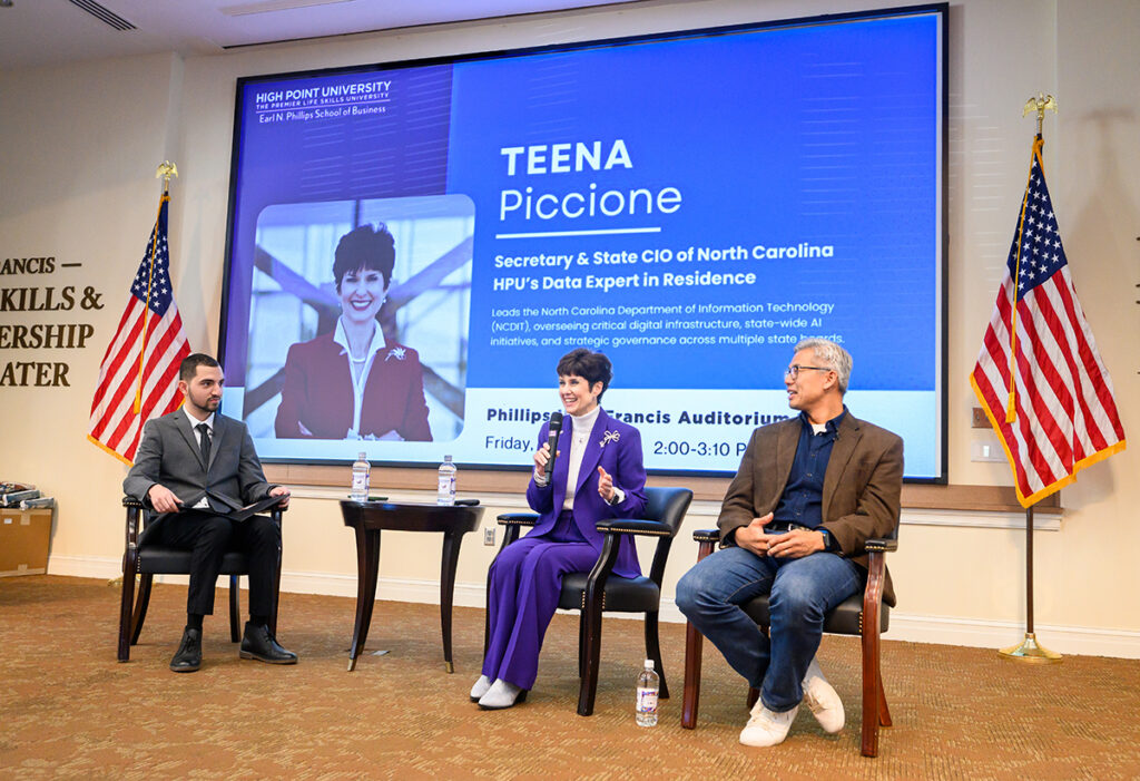 Piccione and I-Sah Hsieh, the North Carolina Department of Information Technology’s deputy secretary for AI and policy, answered students’ questions about careers and AI in the Francis Life Skills and Leadership Theater at the Phillips School of Business.
