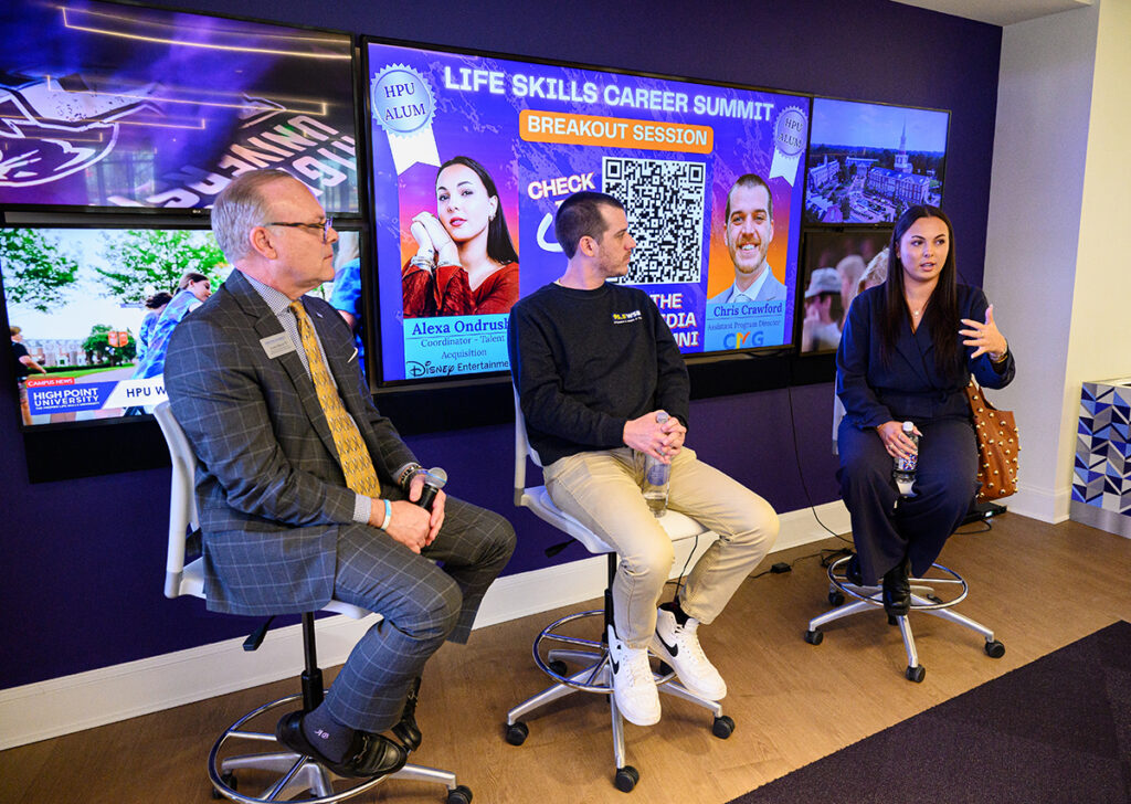 Andrew Brehm, HPU director of corporate relations in career and professional development, moderated a mentorship session with alumni Chris Crawford, assistant program director of 95.5 WSB, and Alexa Ondrush, Disney talent connection coordinator.